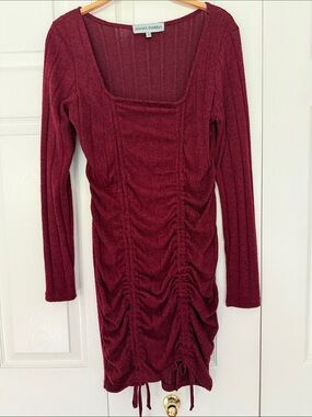 Almost Famous Wine Ribbed Ruched Long Sleeve Dress